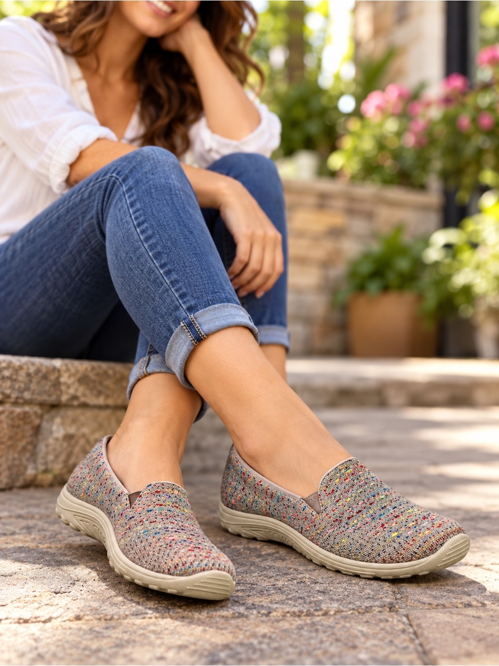Skechers Reggae Fest Wicker Women’s 6 Taupe Multi Slip On Memory Foam Shoes 4929